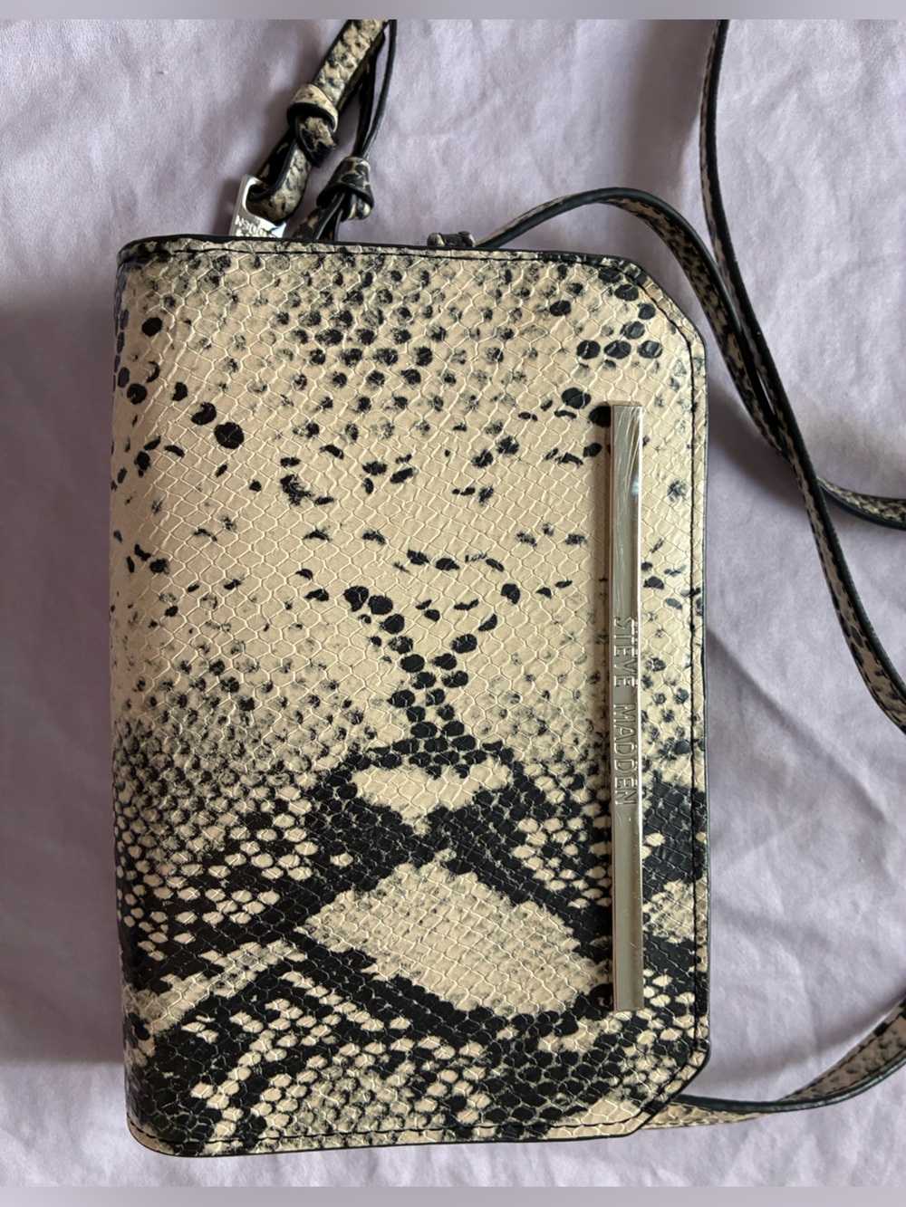 Steve Madden Black & Beige Snake-Print Crossbody Wristlet